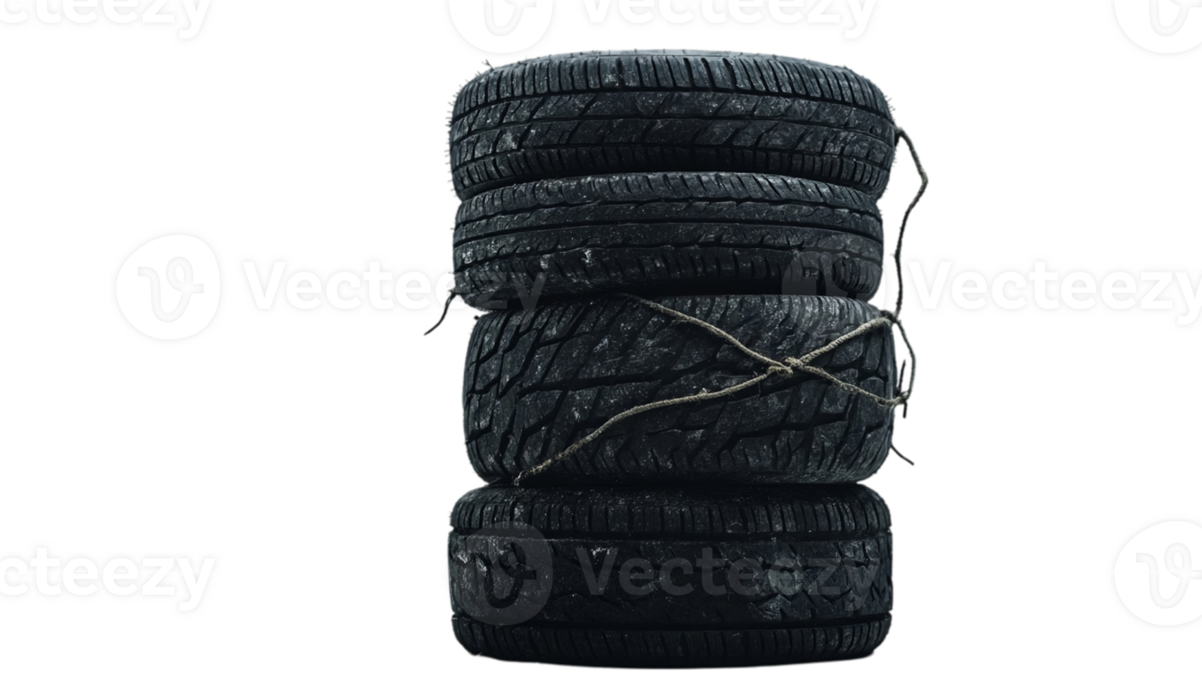 Used tire stack automotive rubber recycling concept artisolated on transparent background png