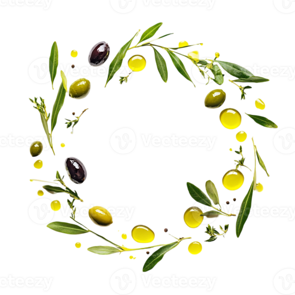 Olive oil and olives wreath on a plain dark surface artisolated on transparent background png