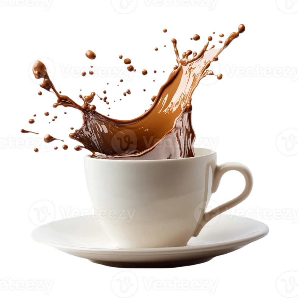 Chocolate drink splash in white cup beverage conceptisolated on transparent background png