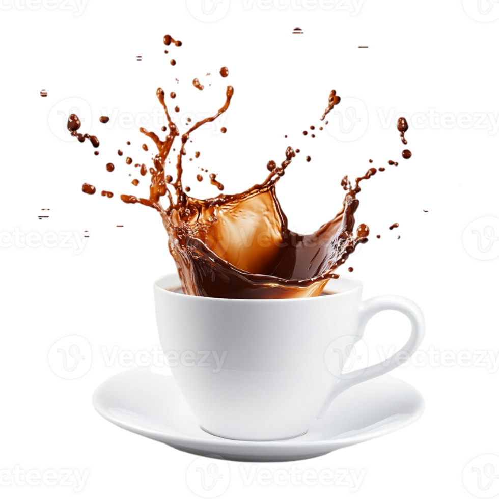 Delicious coffee drink splashing out of a white cup mugisolated on transparent background png