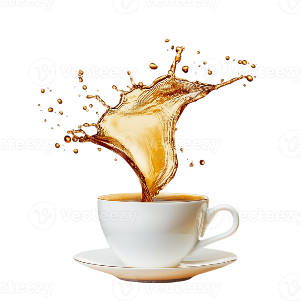 Delicious hot drink splashing out of a white cup drinkisolated on transparent background png