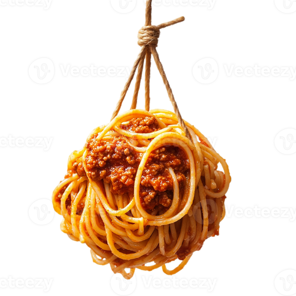 Spaghetti with meat sauce hanging from a twine stringisolated on transparent background png