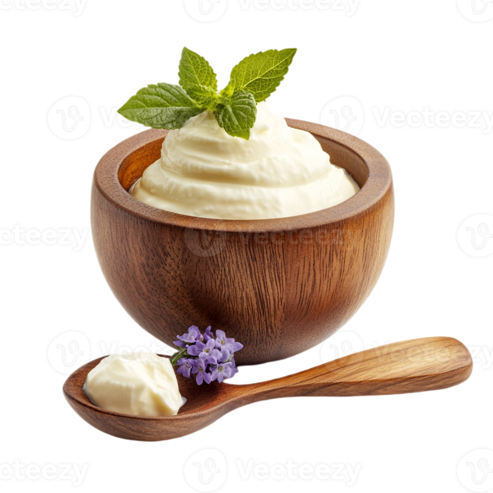 Delicious cream in wooden bowl with mint and lavenderisolated on transparent background png