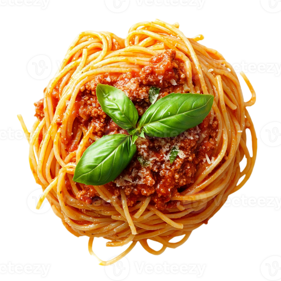 Delicious spaghetti bolognese with basil leaf garnish dishisolated on transparent background png