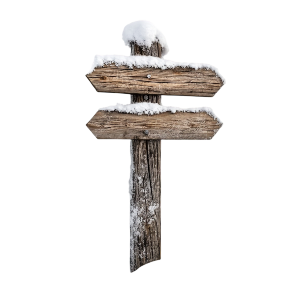 Snowy wooden direction sign winter travel destination isolated on transparent background png