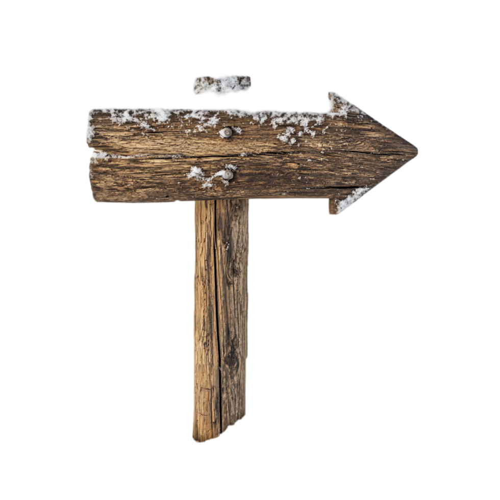Rustic wooden signpost with snow pointing to the right isolated on transparent background png
