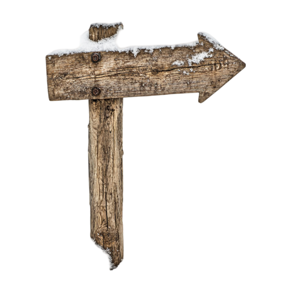 Wooden arrow signpost direction pointer with snow design isolated on transparent background png