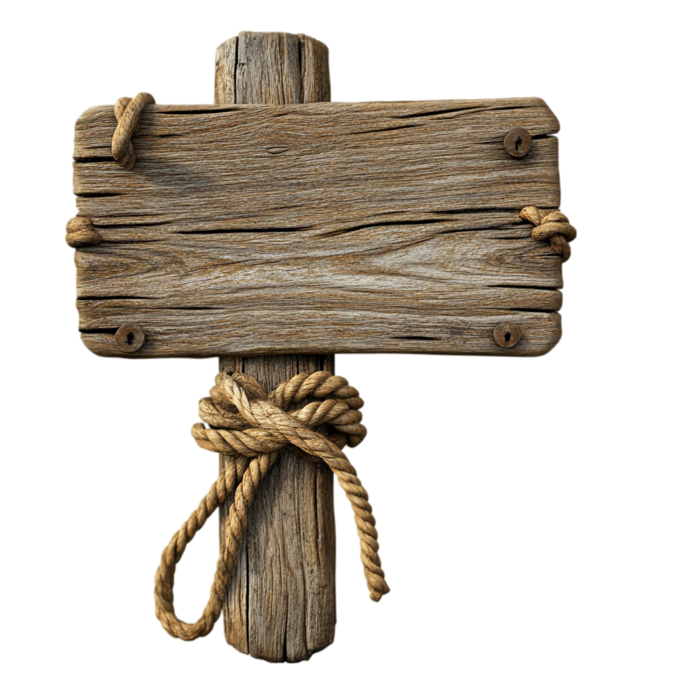 Rustic wood sign with rope tied on post blank template isolated on transparent background png
