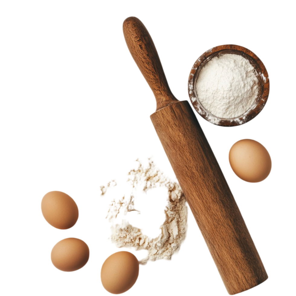 Baking ingredients flour eggs and rolling pin still life isolated on transparent background png
