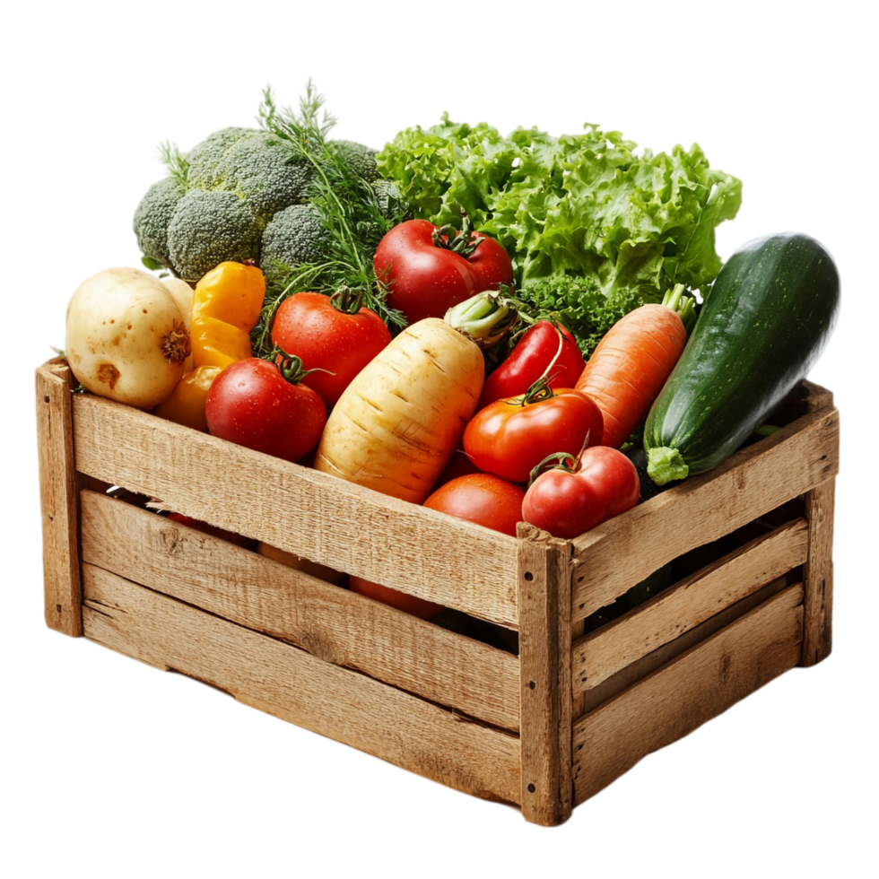 Fresh vegetables in wooden crate farm to table produce isolated on transparent background png