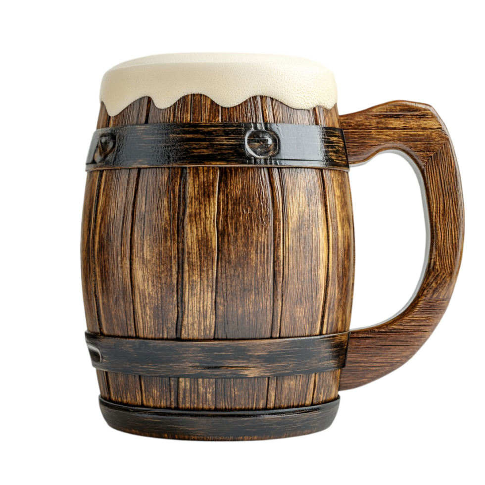 Wooden beer mug with foam drink vintage style render isolated on transparent background png