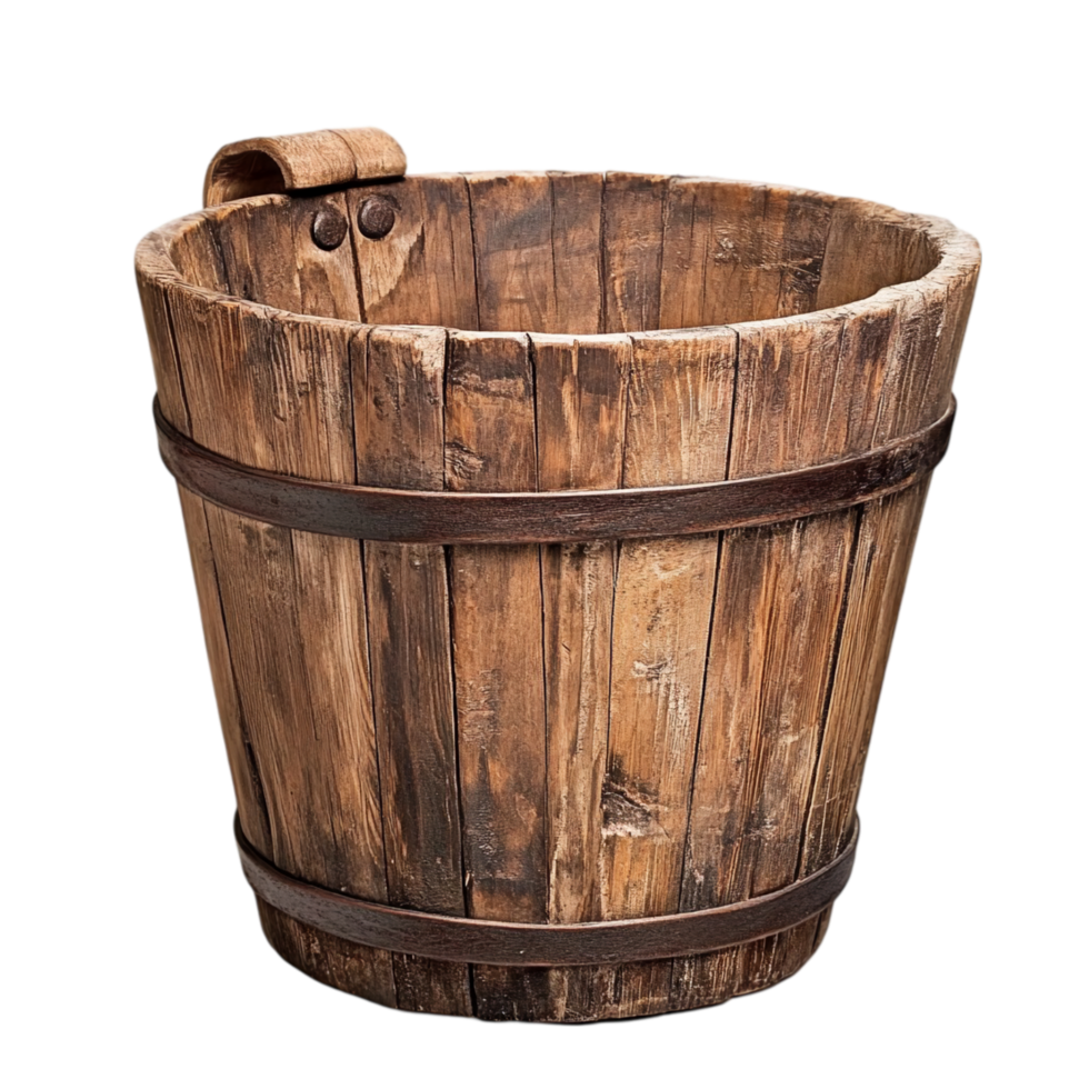 Rustic wooden bucket container with metal bands element isolated on transparent background png