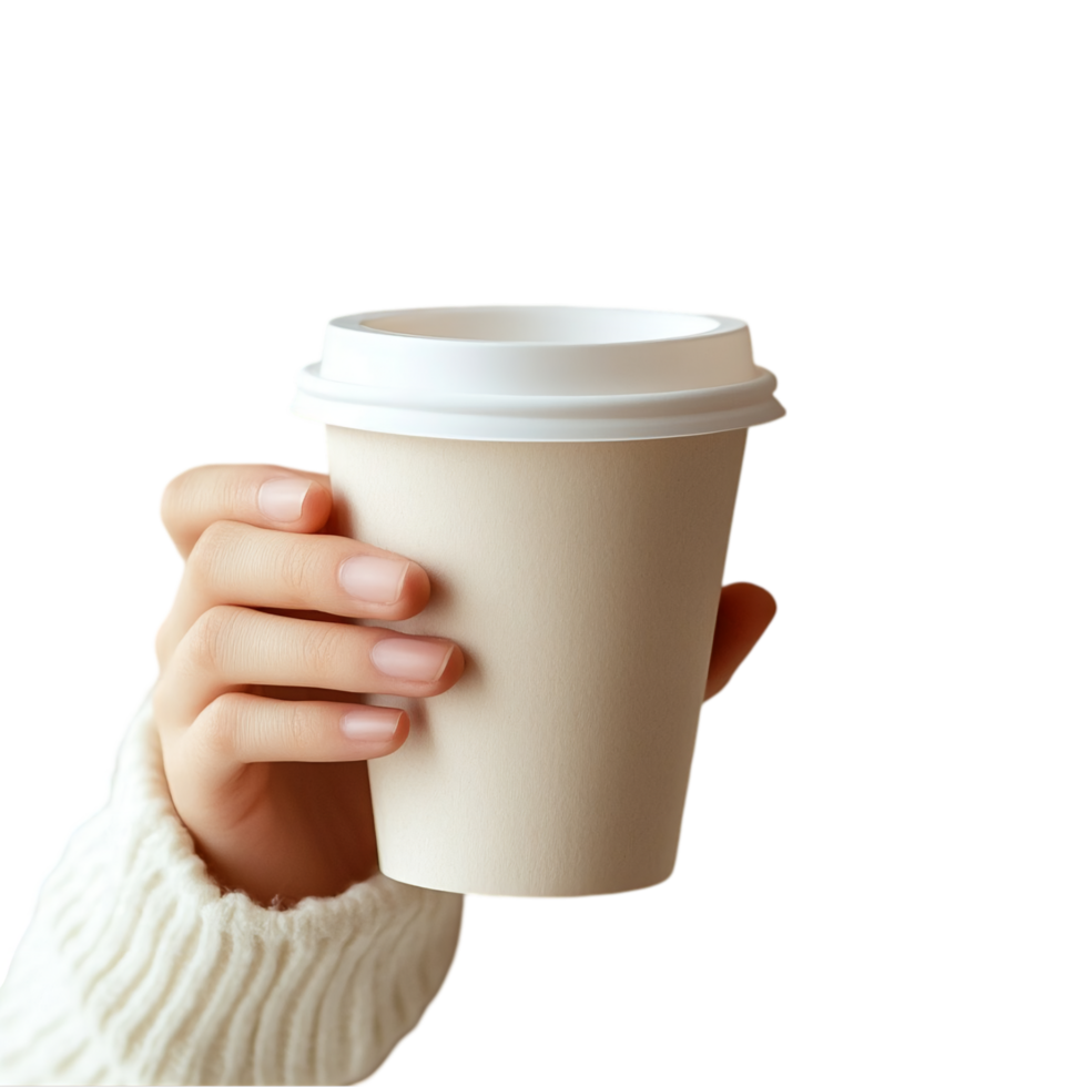 Hand holding a paper cup of coffee beverage mockup drink isolated on transparent background png