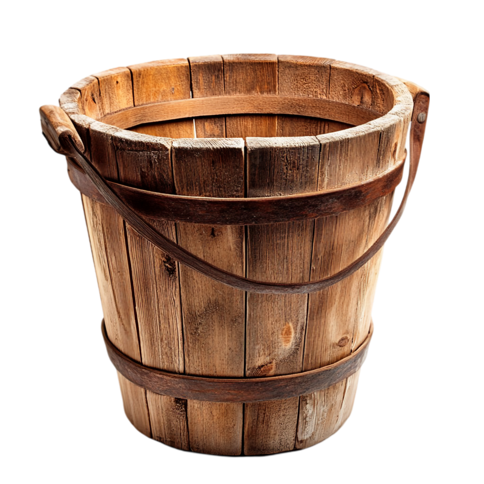 Rustic wooden bucket with metal bands against a backdrop isolated on transparent background png