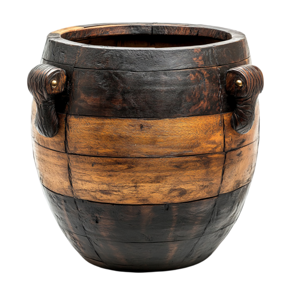 Rustic wooden barrel container with carved wood handles isolated on transparent background png