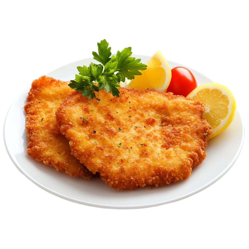 Delicious schnitzel dish with lemon and parsley garnish isolated on transparent background png