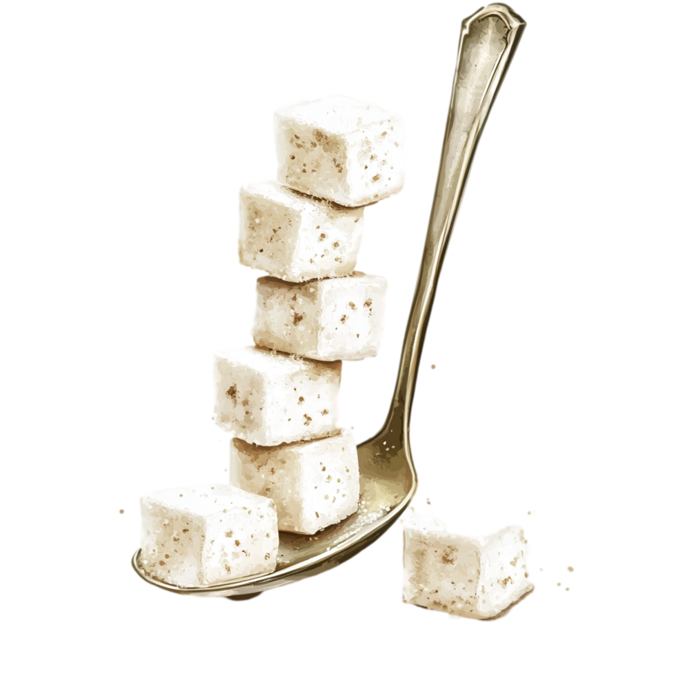 Stack of sugar cubes on gold spoon sweet treat concept isolated on transparent background png