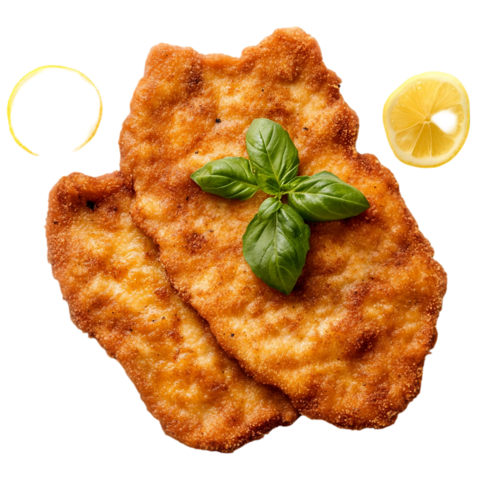 Delicious schnitzel with lemon and basil presentation food isolated on transparent background png