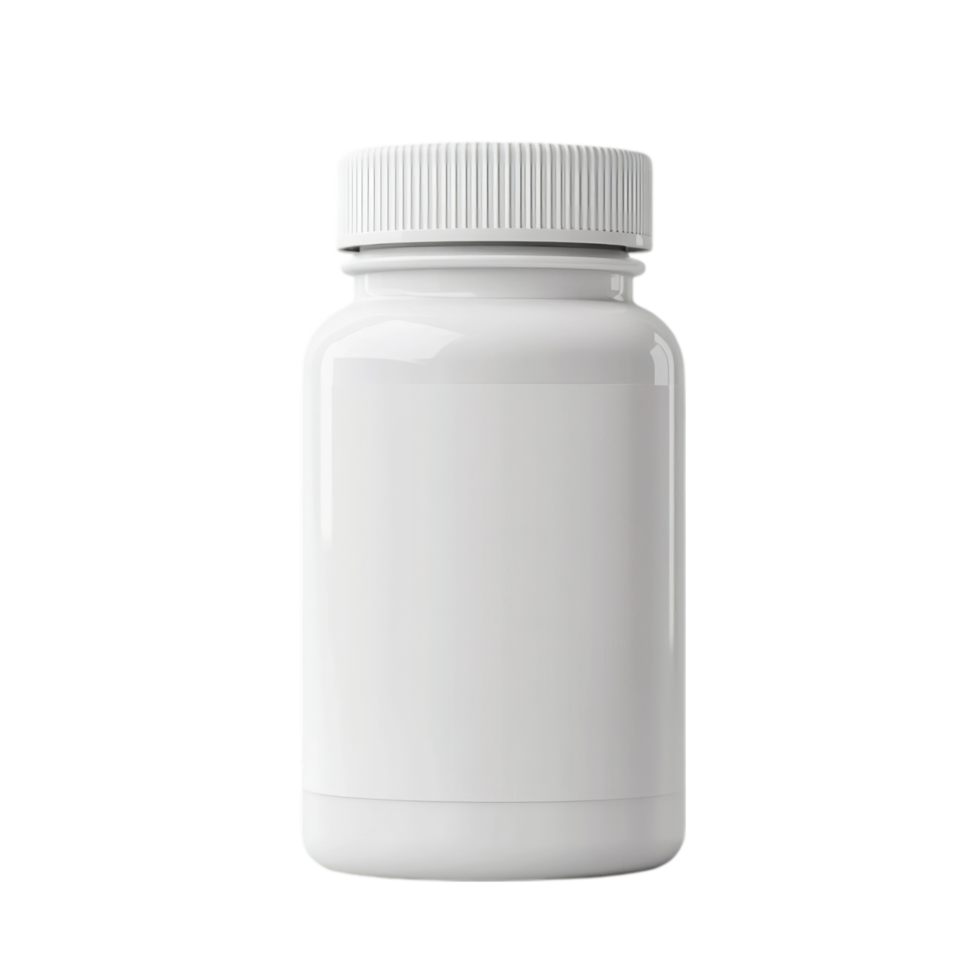 White plastic pill bottle mockup for supplement product isolated on transparent background png