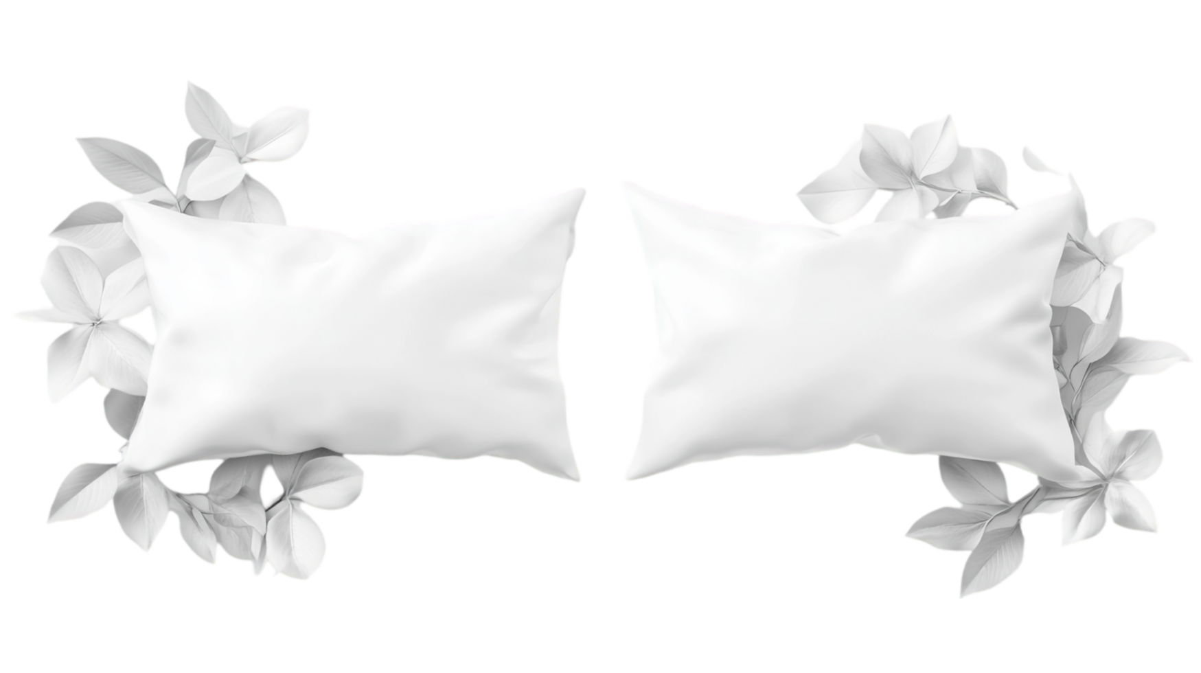 White pillows with floral decoration on a monochrome art isolated on transparent background png