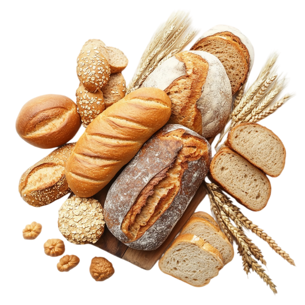 Assortment of baked breads and wheat stalks still life isolated on transparent background png