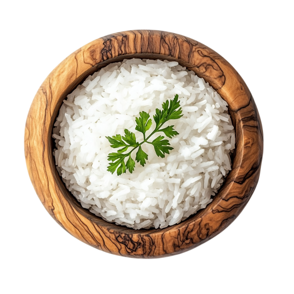 Bowl of white rice with parsley ready to be served meal isolated on transparent background png