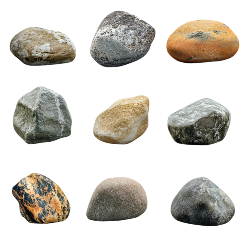 Collection of different types of natural rock pebbles isolated on transparent background png