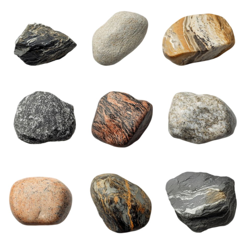 Collection of natural rocks and stones for decoration isolated on transparent background png