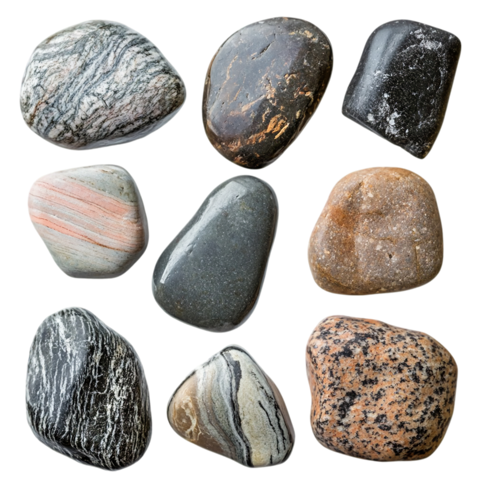 Assortment of smooth polished stones for design elements isolated on transparent background png