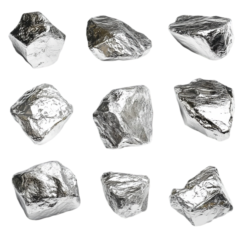 Collection of silver nuggets minerals metallic elements isolated on transparent background png