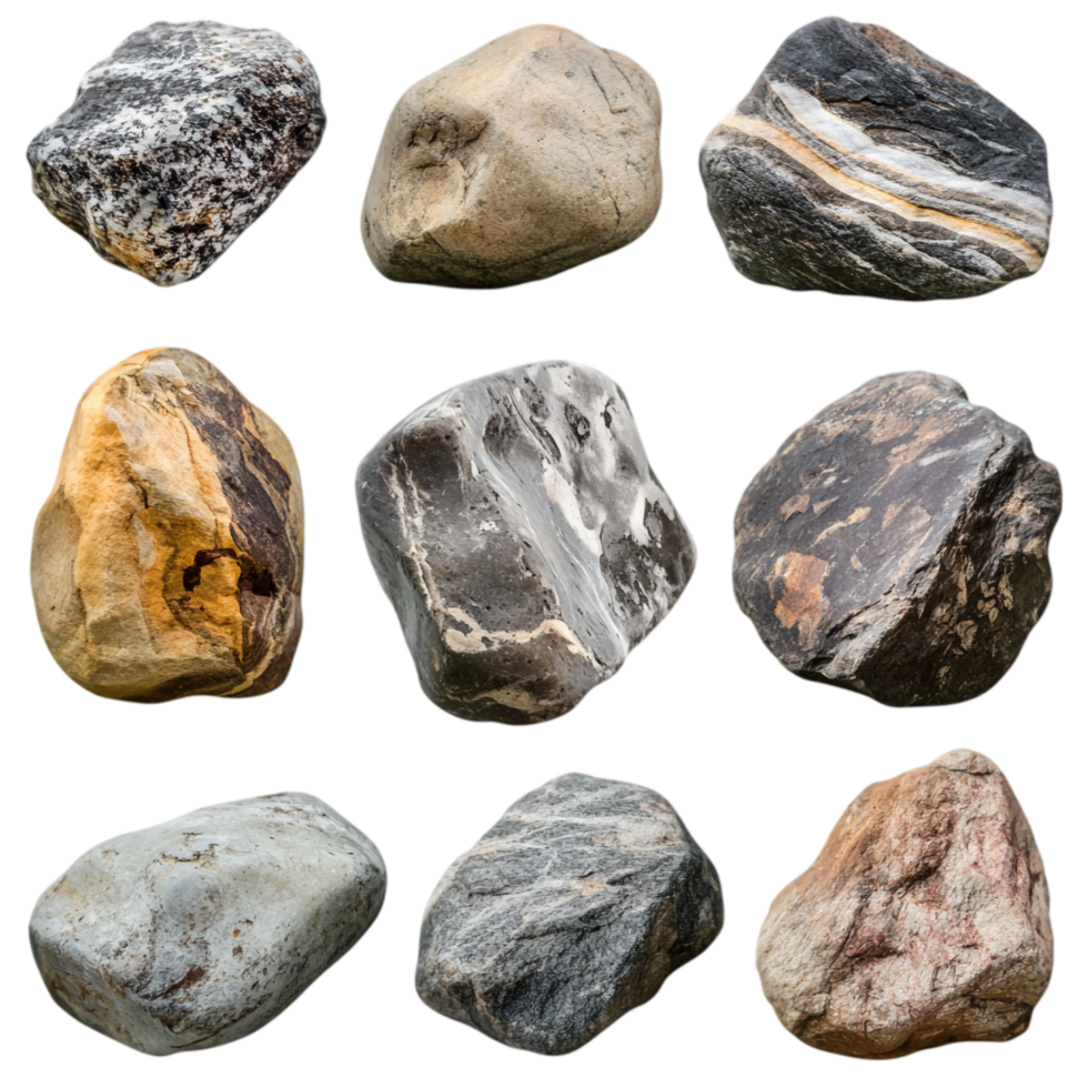 Collection of nine different stones on a dark surface isolated on transparent background png