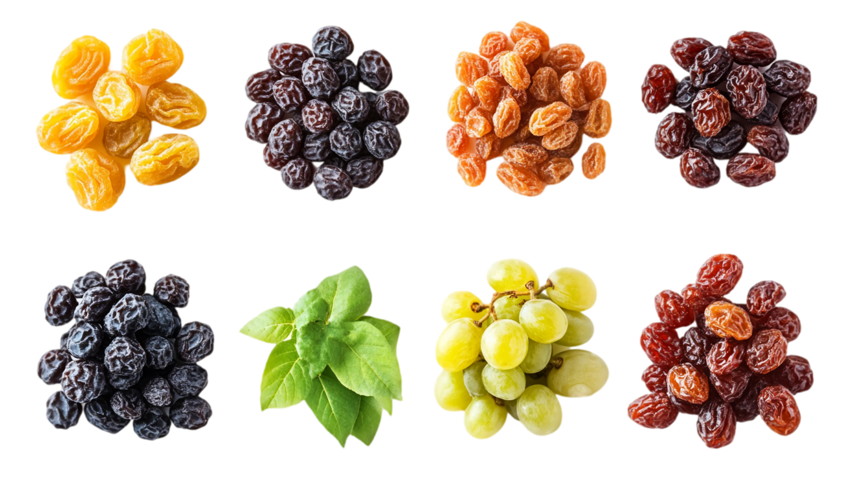 Assortment of raisins and grapes with fresh basil food isolated on transparent background png