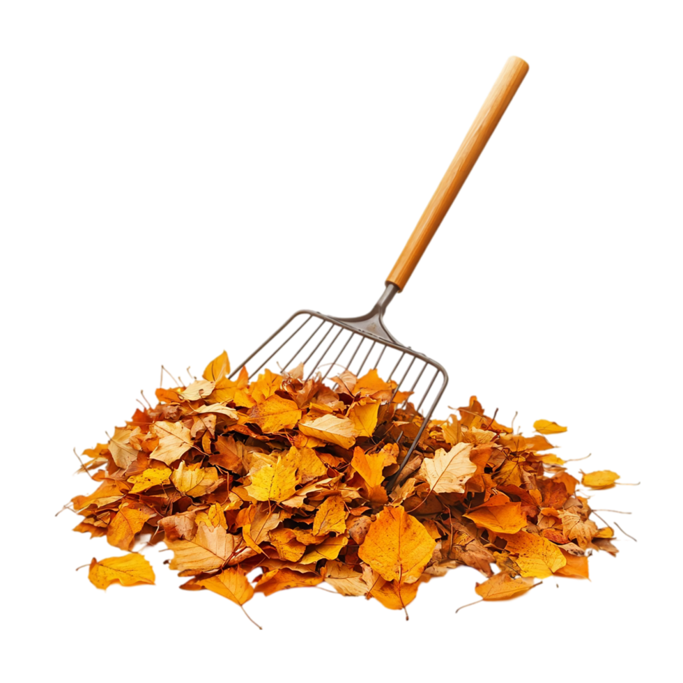 Autumn foliage with rake for seasonal yard cleanup work isolated on transparent background png