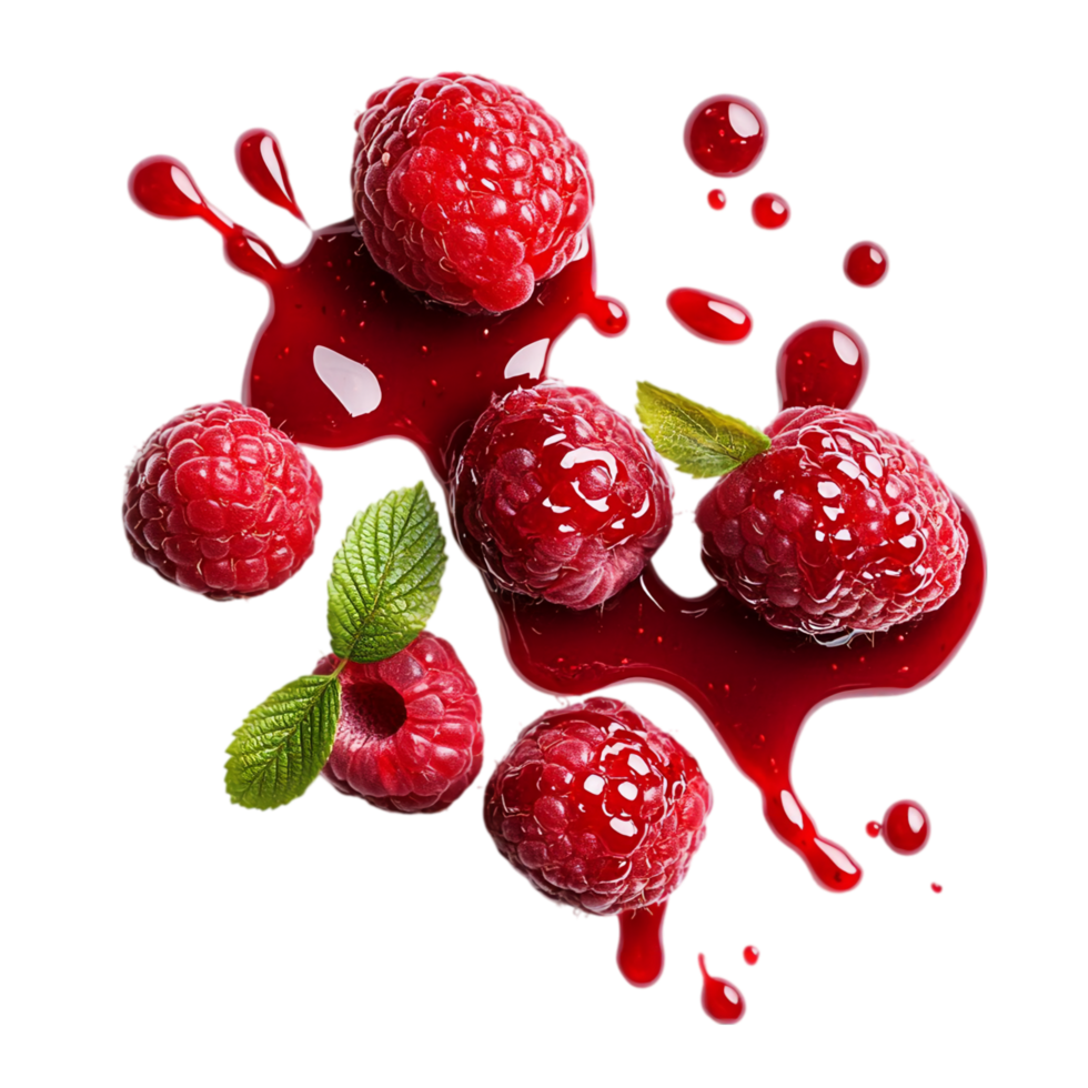 Fresh raspberries and sauce food still life arrangement isolated on transparent background png