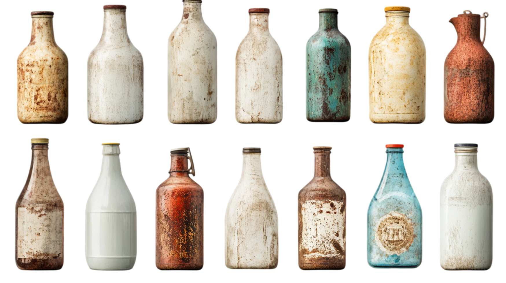 Vintage milk bottles collection antique farm containers isolated on transparent background png