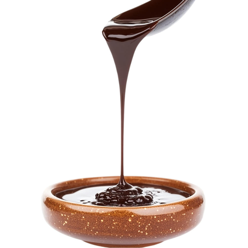 Delicious chocolate sauce pouring into a ceramic bowl isolated on transparent background png