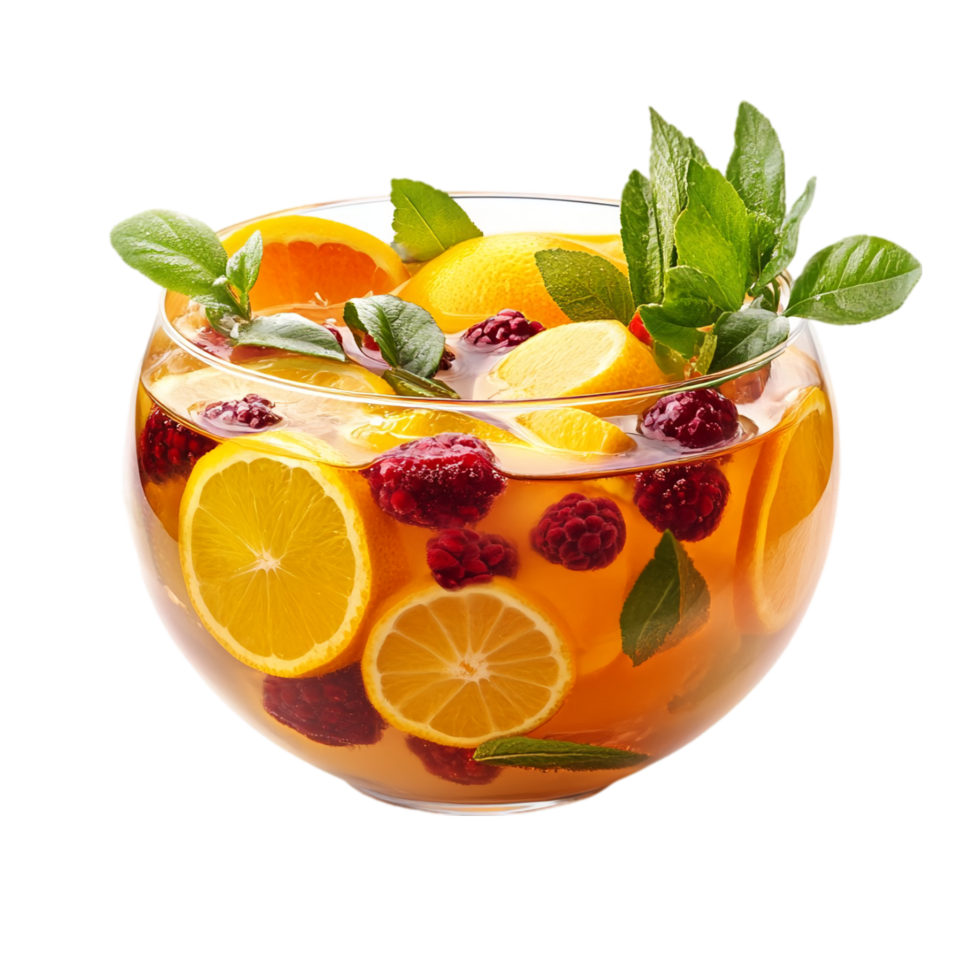 Refreshing citrus fruit punch bowl with fresh berries isolated on transparent background png