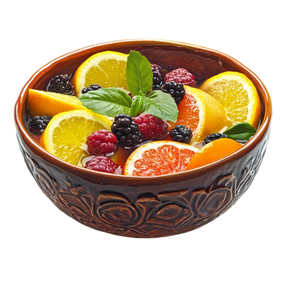 Fruit salad bowl with citrus and berries fresh dessert isolated on transparent background png