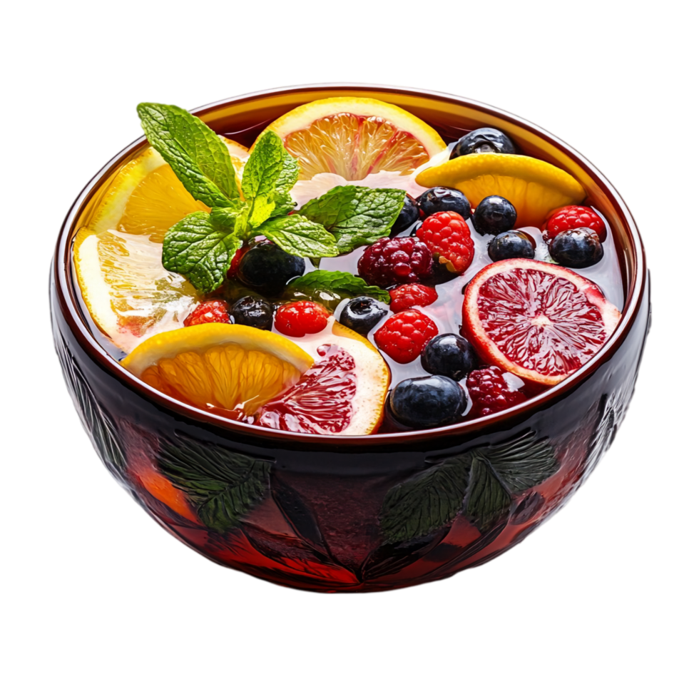 Fruit punch bowl with citrus and berries refreshment isolated on transparent background png