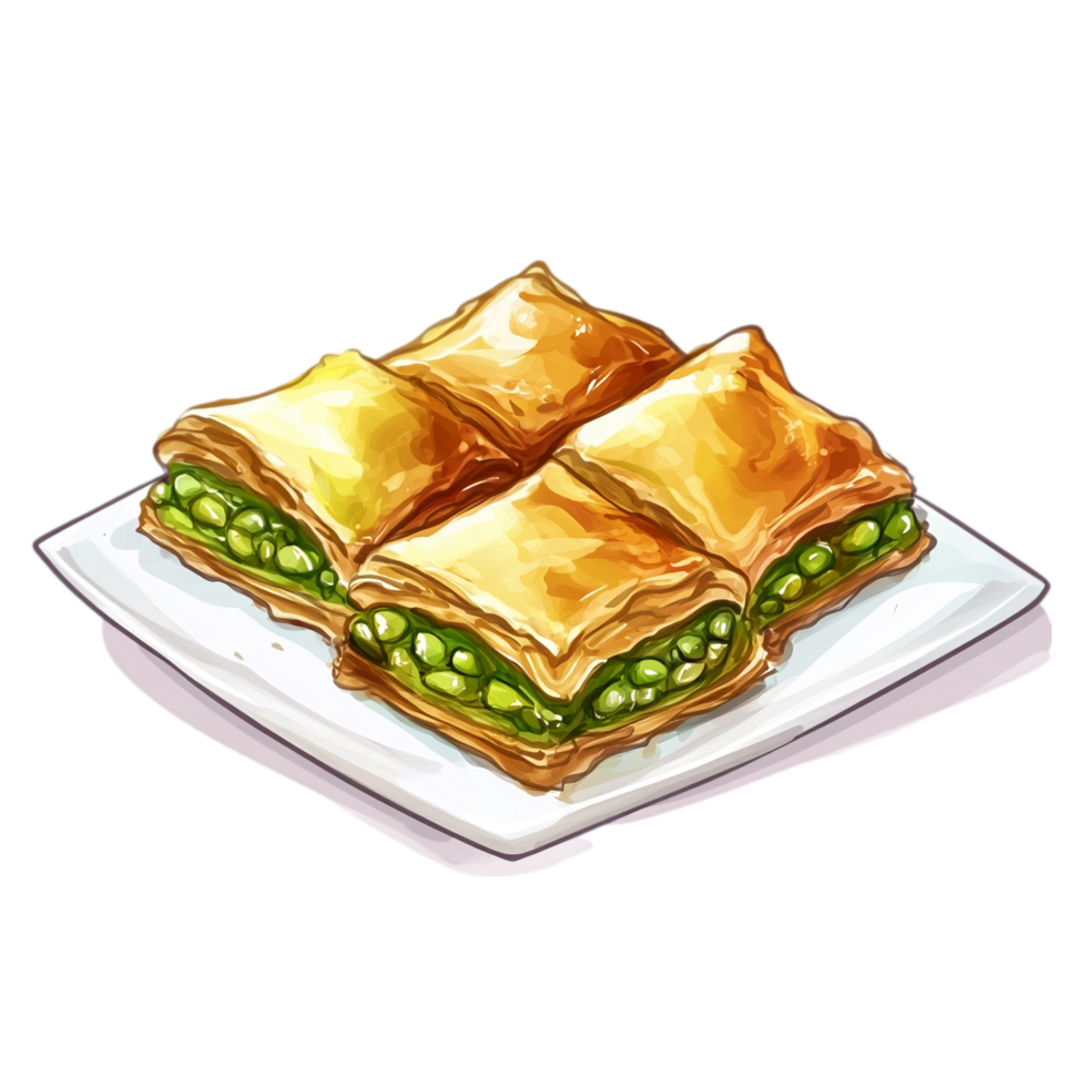 Delicious pistachio baklava dessert on a white plate art isolated on transparent background png