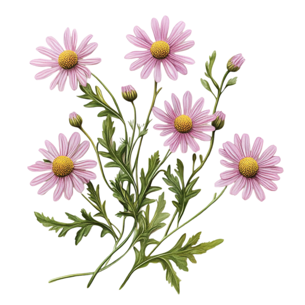 Beautiful botanical illustration of pink daisy flowers isolated on transparent background png