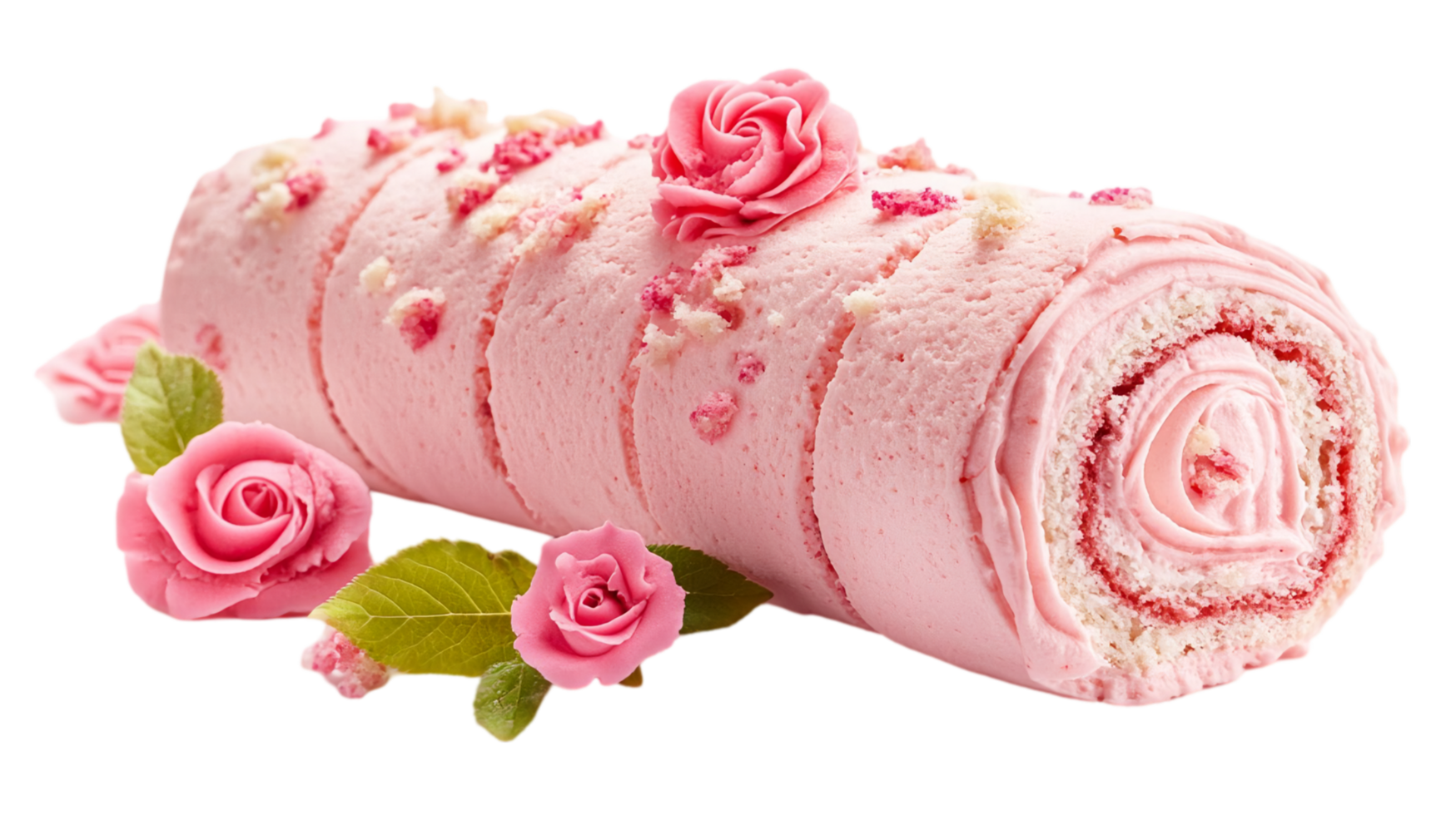Delicious pink cake roll dessert with rose decorations isolated on transparent background png