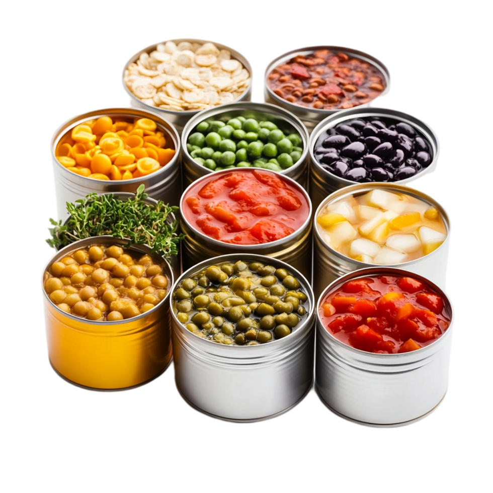 Assortment of canned vegetables and legumes in metal cans isolated on transparent background png