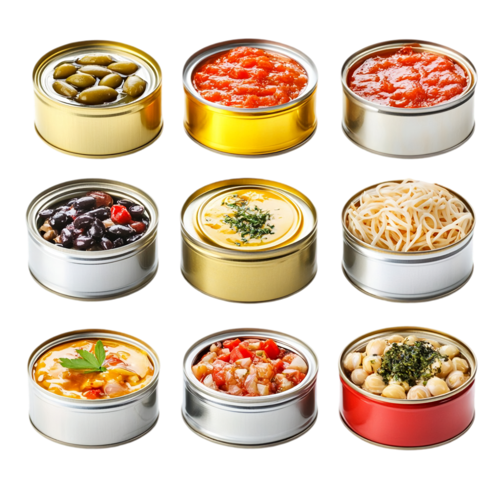Assortment of canned goods featuring various food types isolated on transparent background png