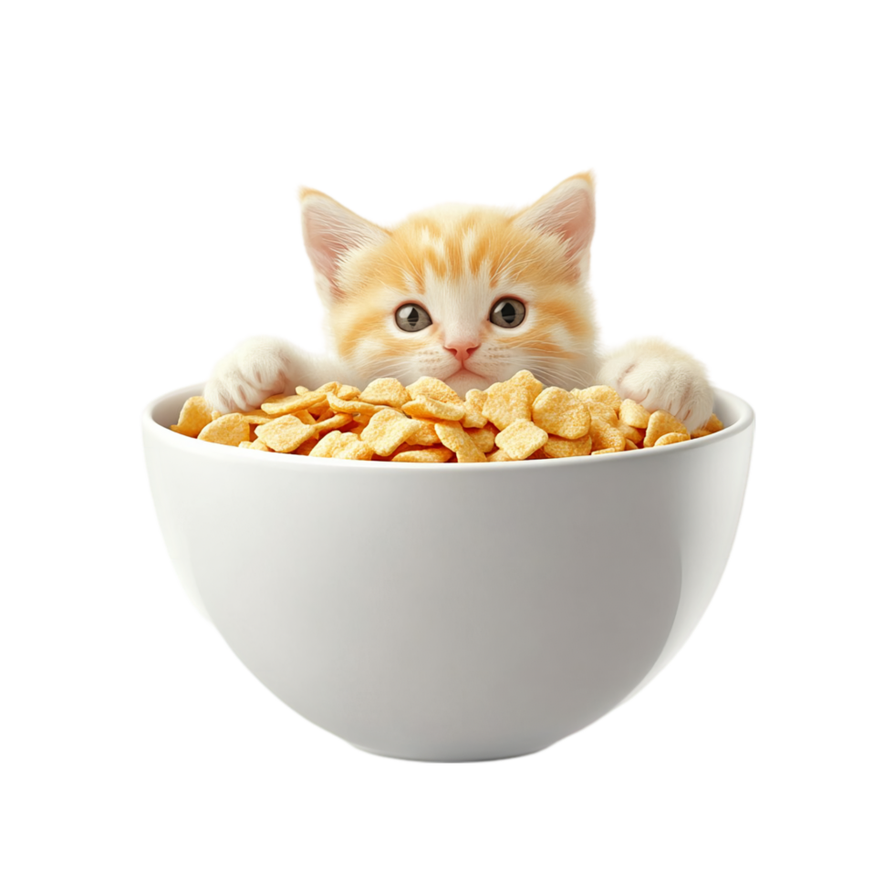 Adorable kitten inside a bowl of food looking at camera isolated on transparent background png