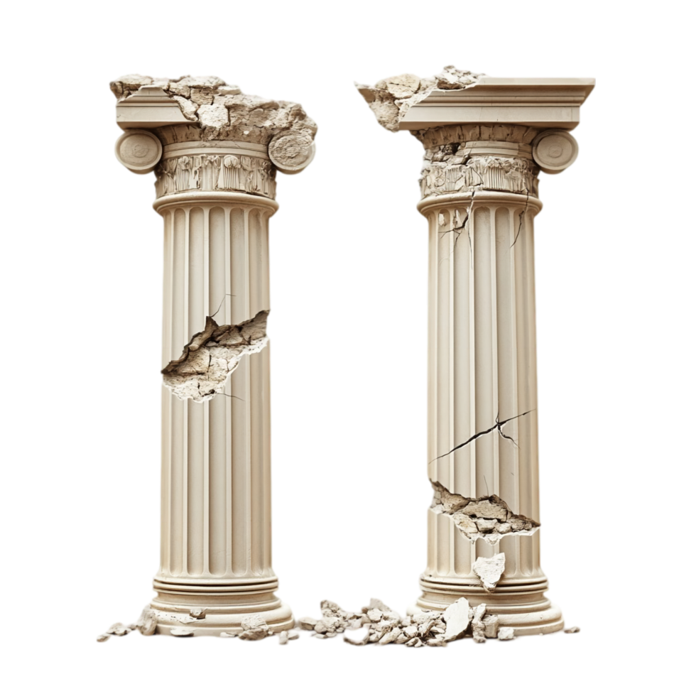 Ancient broken columns architecture ruins historical art isolated on transparent background png