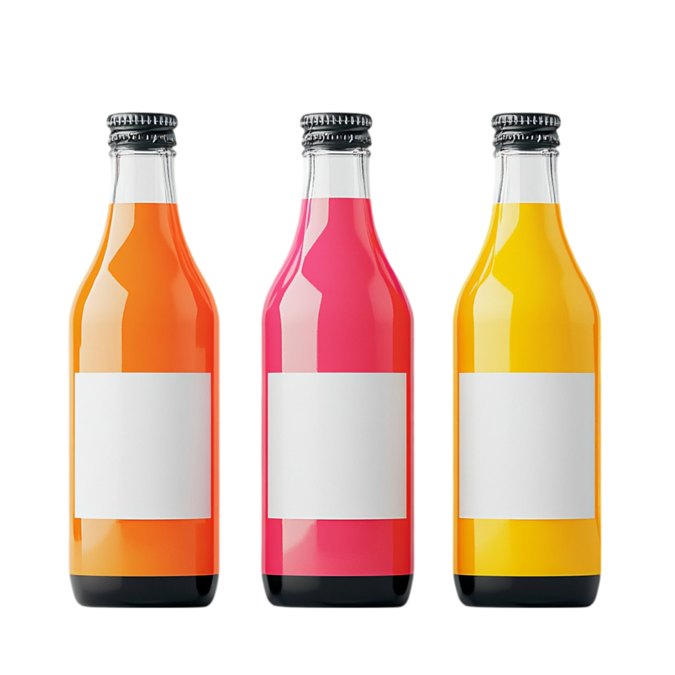 Refreshing fruit drinks in bottles with blank labels isolated on transparent background png