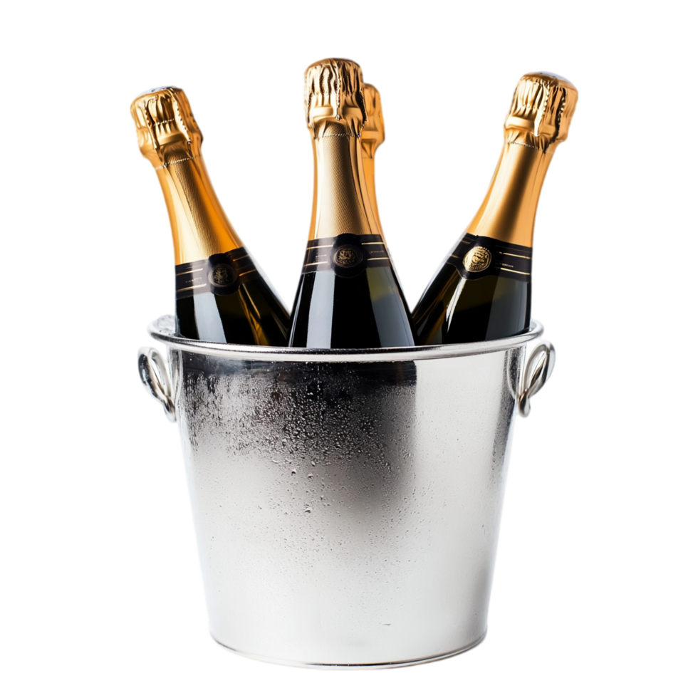 Chilled bottles of sparkling wine in a silver ice bucket isolated on transparent background png