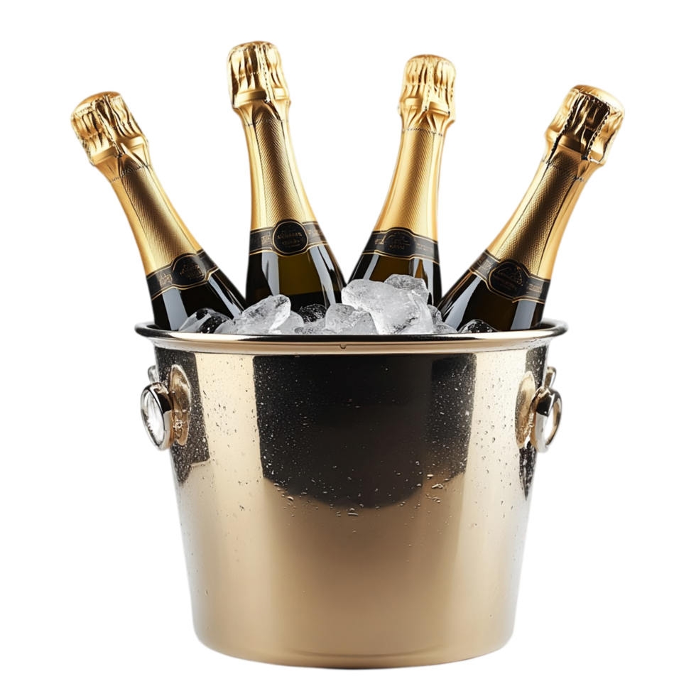 Chilled champagne bottles in bucket for celebration event isolated on transparent background png