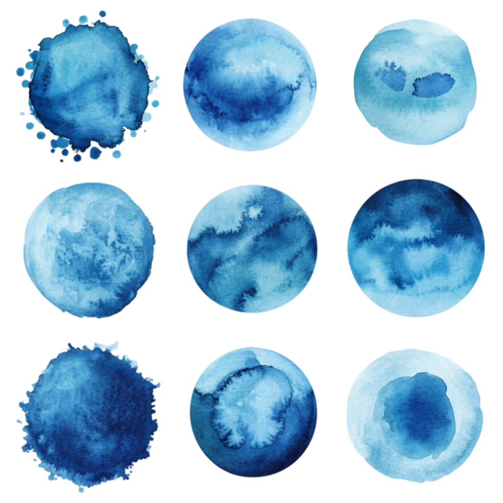 Watercolor blue circles artistic design elements set art isolated on transparent background png